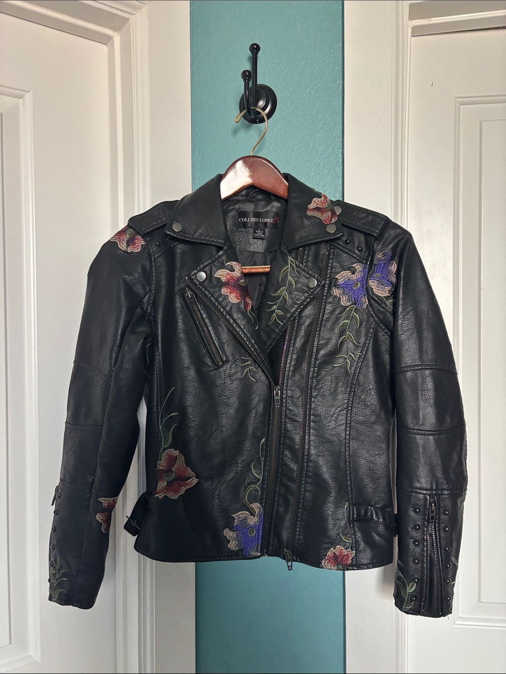 Colleen Lopez Black Leather Moto Jacket with Red & Purple Floral Embroidery